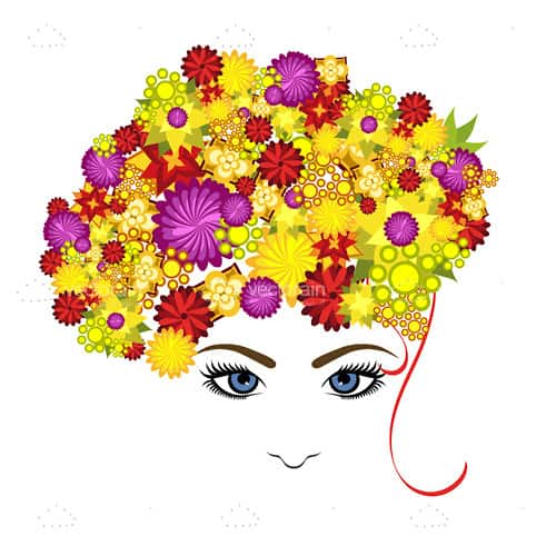 Abstract Female Face with Colorful Floral Hair